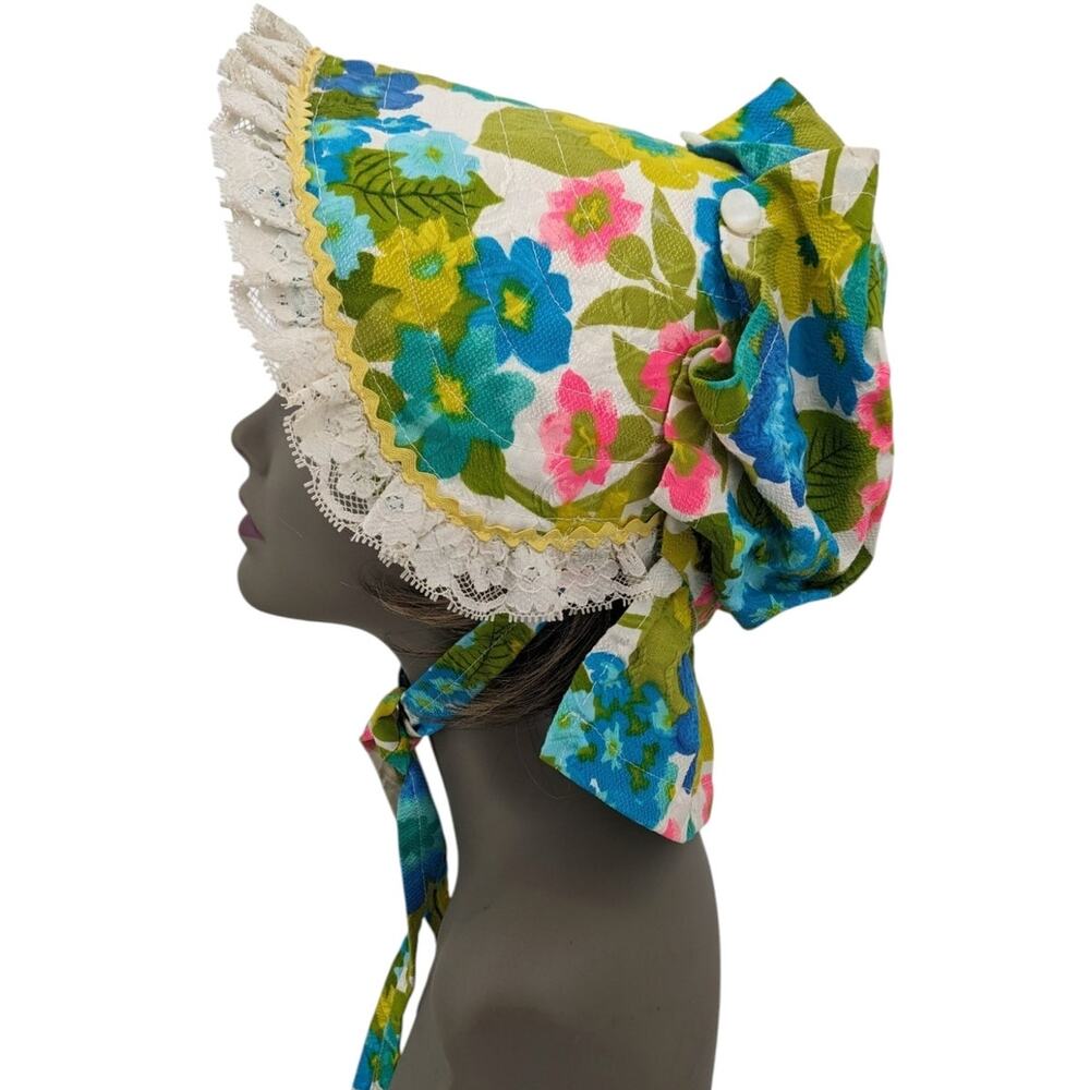 Vintage 1970's Psychedelic Hippie Bonnet Hawaiian Fabric Lace Trim Shell Buttons - Picture 4 of 12